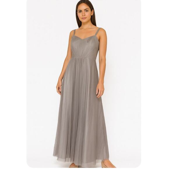 MONIQUE LHUILLIER BRIDESMAID DRESS maxi long chiffon sand beige color SZ 8 - Picture 1 of 9